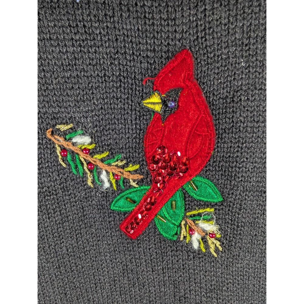 Vtg Women’s Plus Christmas Cardinal Bird Embroidered Black Sweater Vest 22W 24W - Picture 7 of 9
